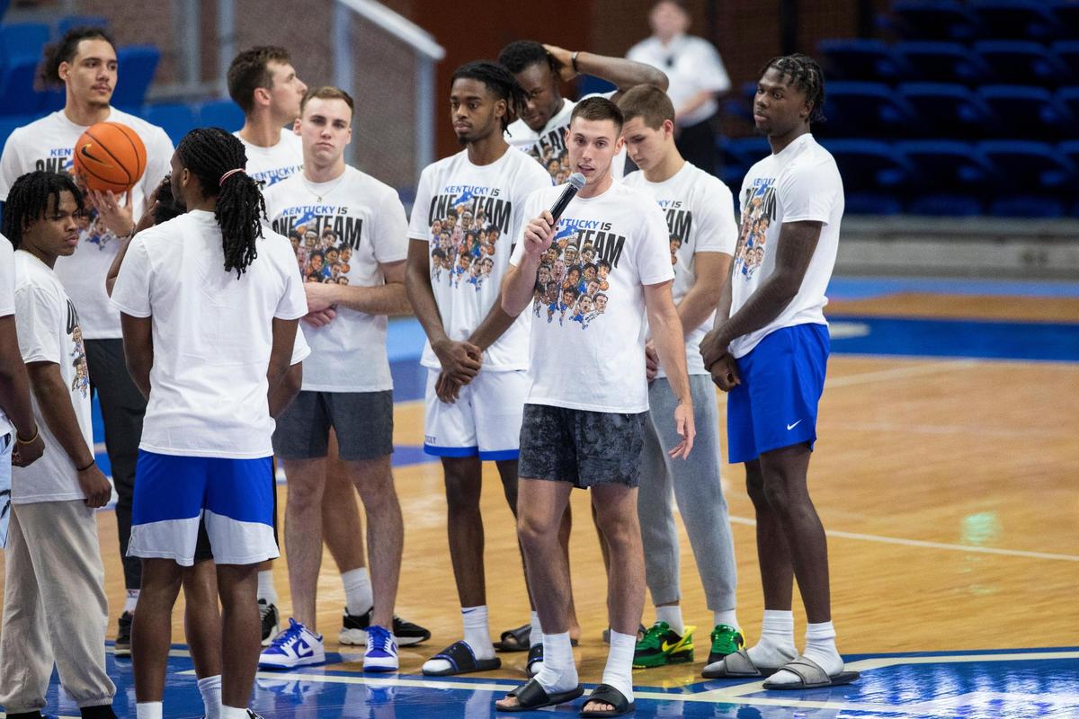Kentucky guard CJ Fredrick (1) speaks to fans in Rupp Arena for Tuesday night’s open practice and telethon, which raised more than $2.4 million.