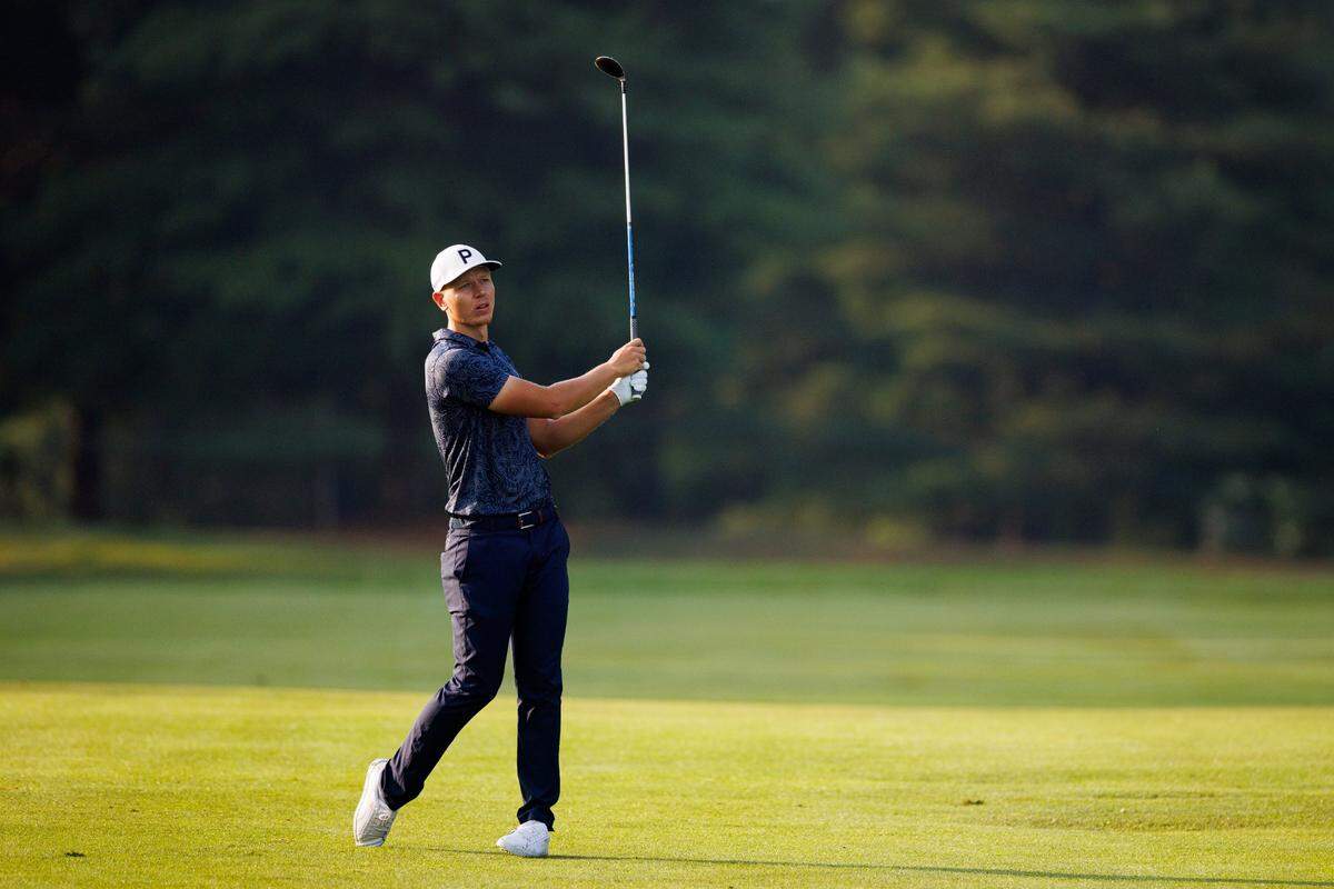 Matti Schmid hits his second shot on the 11th hole during the first round of the Barbasol Championship on Thursday, July 7, 2022, at Keene Trace Golf Club in Nicholasville, Kentucky.