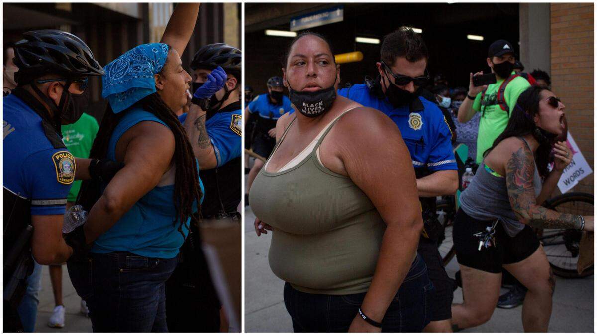Sarah Williams (left) went on trial Monday, July 11, 2022, after she was arrested and charged during racial justice protests in Lexington, Ky. Her twin sister, April Taylor (right), was also charged during the protests and was subpoenaed Monday to testify against her sister.