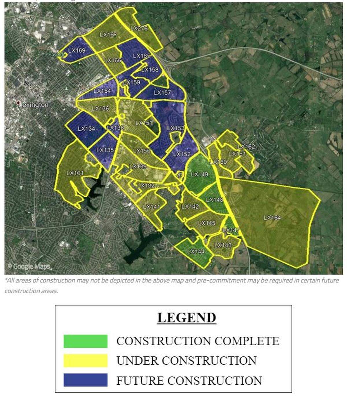 MetroNet had completed construction of its Lexington fiber-optic network in areas shaded green and was working in areas shaded yellow as of Aug. 28, 2018.