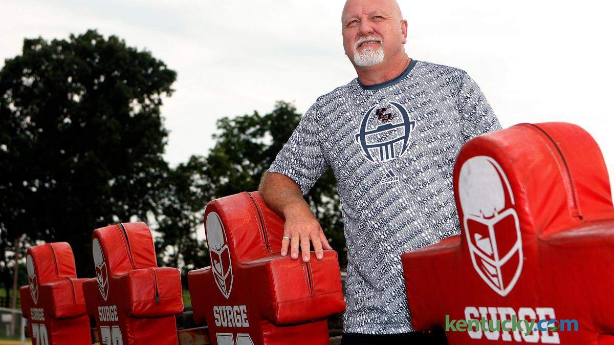 Dunbar head football coach Paul Rains at Jon Akers Stadium in Lexington, Ky., Wednesday, July 29, 2015. Photo by Matt Goins
