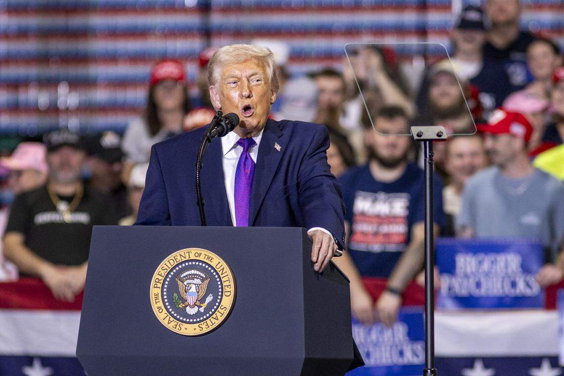 President Donald Trump speaks during his visit to Verst Logistics in Hebron, Kentucky, on Wednesday, March 11, 2026.