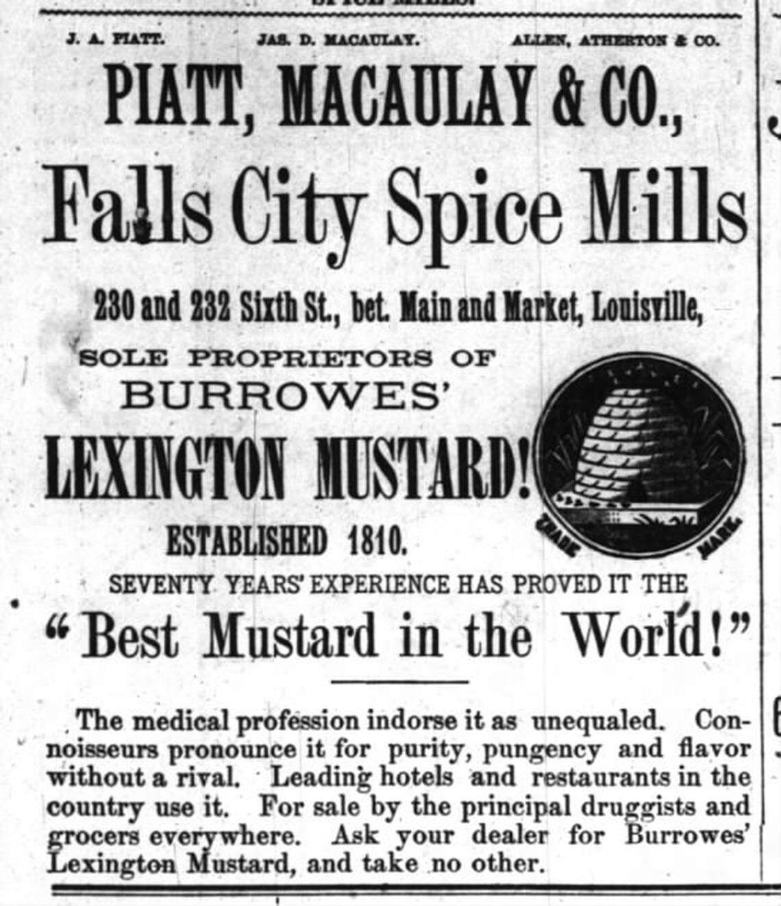 An advert for Nathan Burrowes’ ”Lexington Mustard” appears in a September 1882 edition of the Louisville Courier-Journal. In 1869, the company that produced Lexington Mustard was sold to John Brand who then moved the operation to Louisville. 