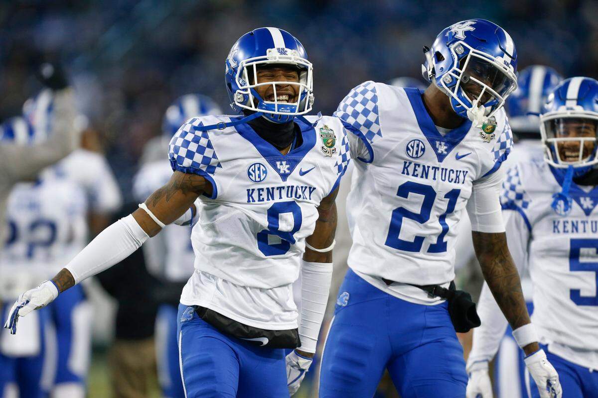 Kentucky veteran cornerbacks Derrick Baity (8) and Chris Westry (21) as well as the rest of the Wildcats secondary will face their biggest test of the 2018 season to date against South Carolina quarterback Jake Bentley and a dynamic Gamecocks’ receiving corps.