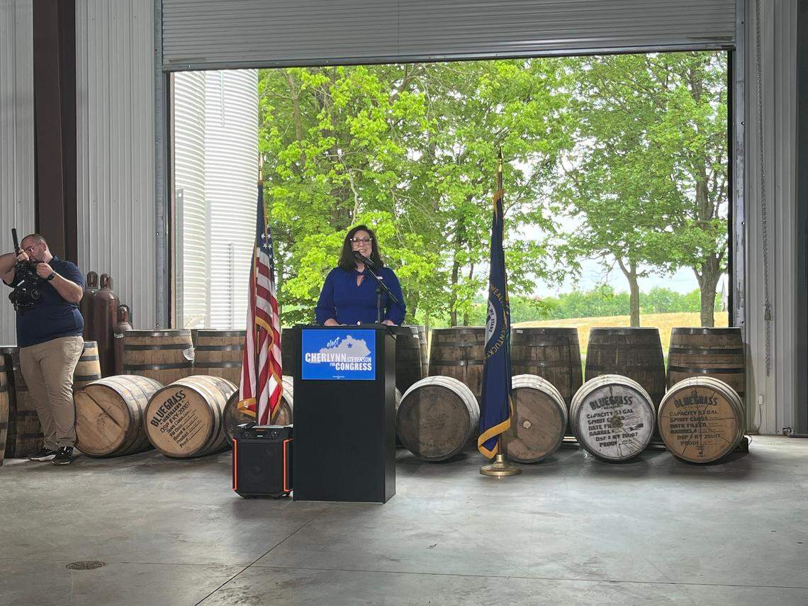 Former Lexington state representative Cherlynn Stevenson, a Democrat, speaks in Midway at the launch event for her 6th Congressional District campaign.