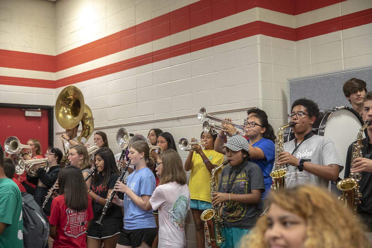 Members of the Mayfield High School band perform during a pep assembly at the school the day of the Cardinal’s game against county rivals Graves County.