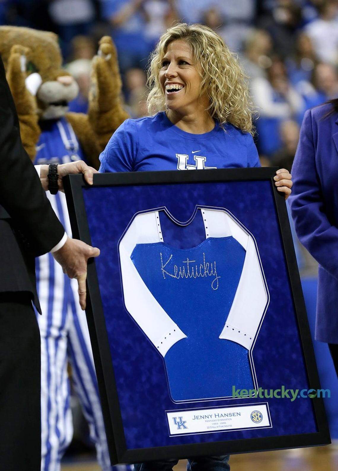 Former Kentucky All-America gymnast Jenny Hansen has a retired leotard hanging in the rafters at Memorial Coliseum.