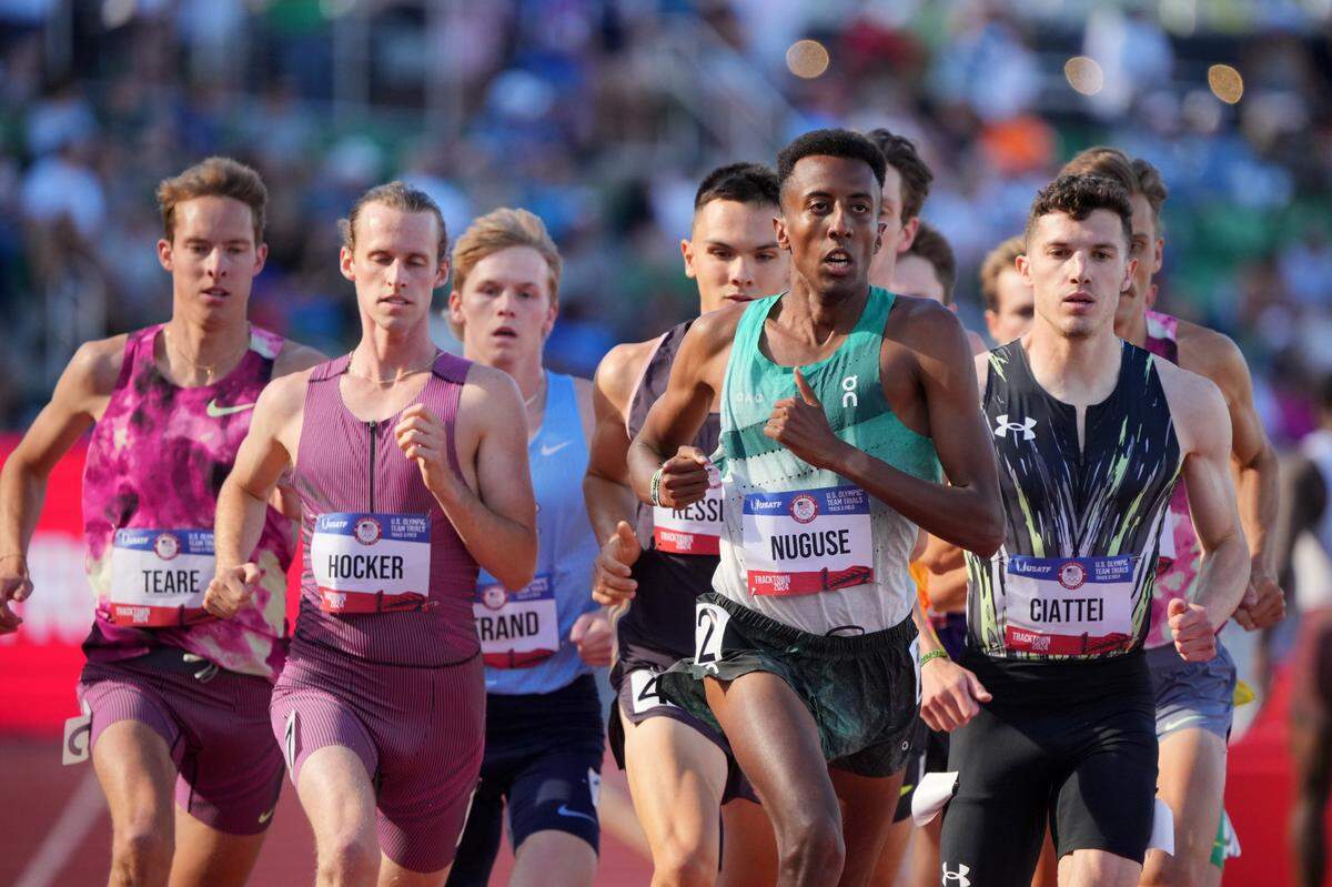 Jun 24, 2024; Eugene, OR, USA; Cole Hocker, Yared Nuguse and Vincent Ciattei lead the 1,500m during the US Olympic Team Trials at Hayward Field. Mandatory Credit: Kirby Lee-USA TODAY Sports