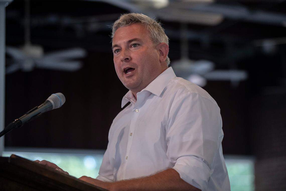 Kentucky Agriculture Commissioner Ryan Quarles speaks during the Fancy Farm picnic in Fancy Farm, Ky., on Saturday, Aug. 5, 2023.