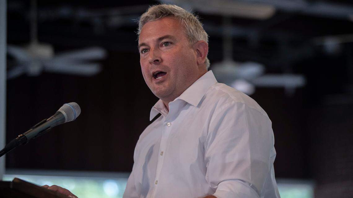 Kentucky Agriculture Commissioner Ryan Quarles speaks during the Fancy Farm picnic in Fancy Farm, Ky., on Saturday, Aug. 5, 2023.