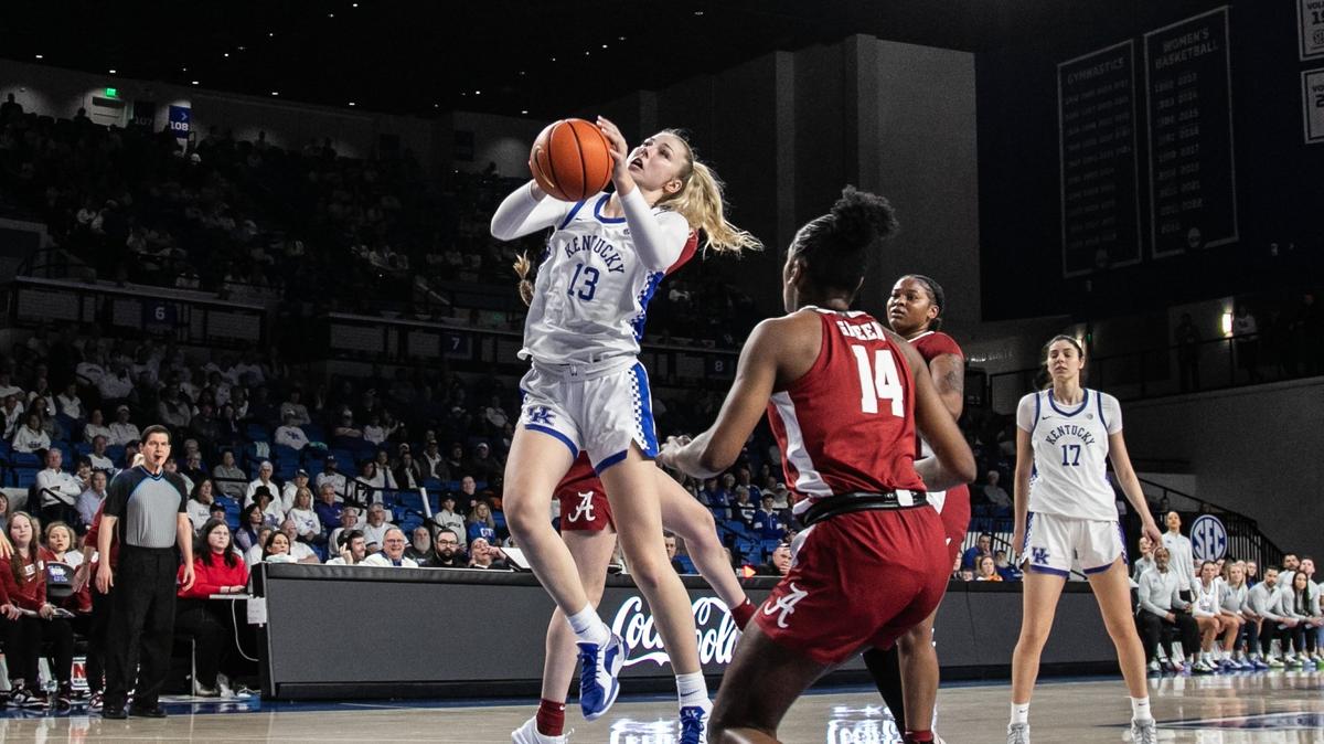 Kentucky center Clara Strack (13) drives for a layup during the Wildcats’ win over No. 22 Alabama in Memorial Coliseum. Strack finished the night with 14 points and 14 rebounds.