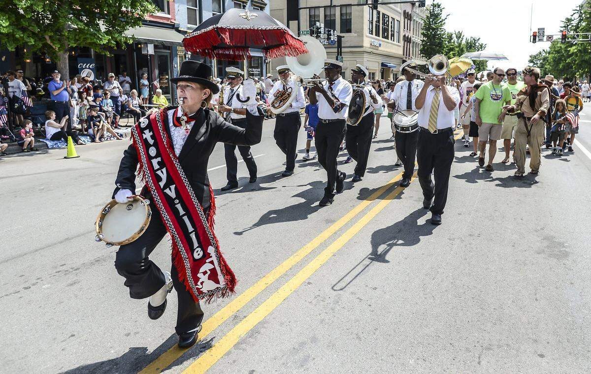 The New Orleans Storyville Stompers close out the parade for the 27th Annual Great American Brass Band Festival in Danville in 2016.