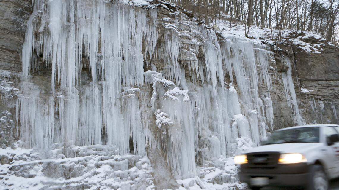 Ice clung to the rock walls along U.S. 68 near the Kentucky River near Wilmore on Tuesday.