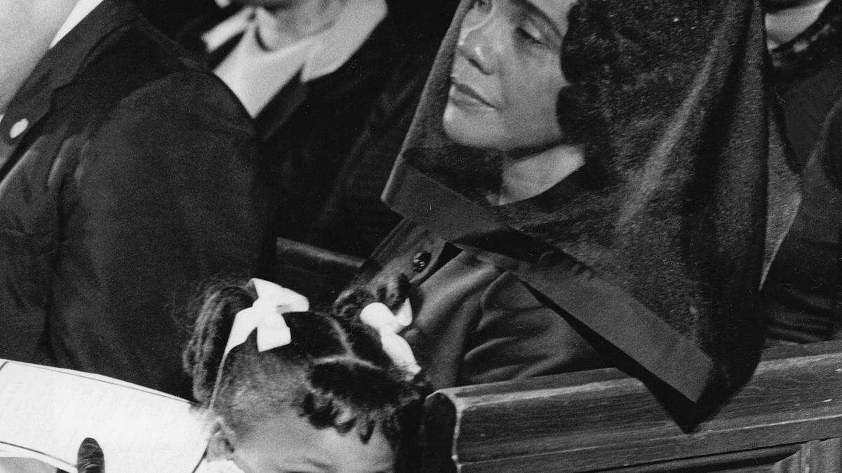 Coretta Scott King at the funeral of her husband, Martin Luther King, Jr. This image captured by Moneta Sleet Jr. won the Pulitzer Prize for Photography.