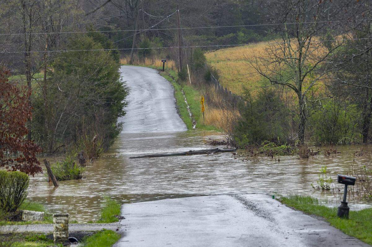 Deepwell Woods Road floods in Lincoln County, Ky., on Friday, April 4, 2025.