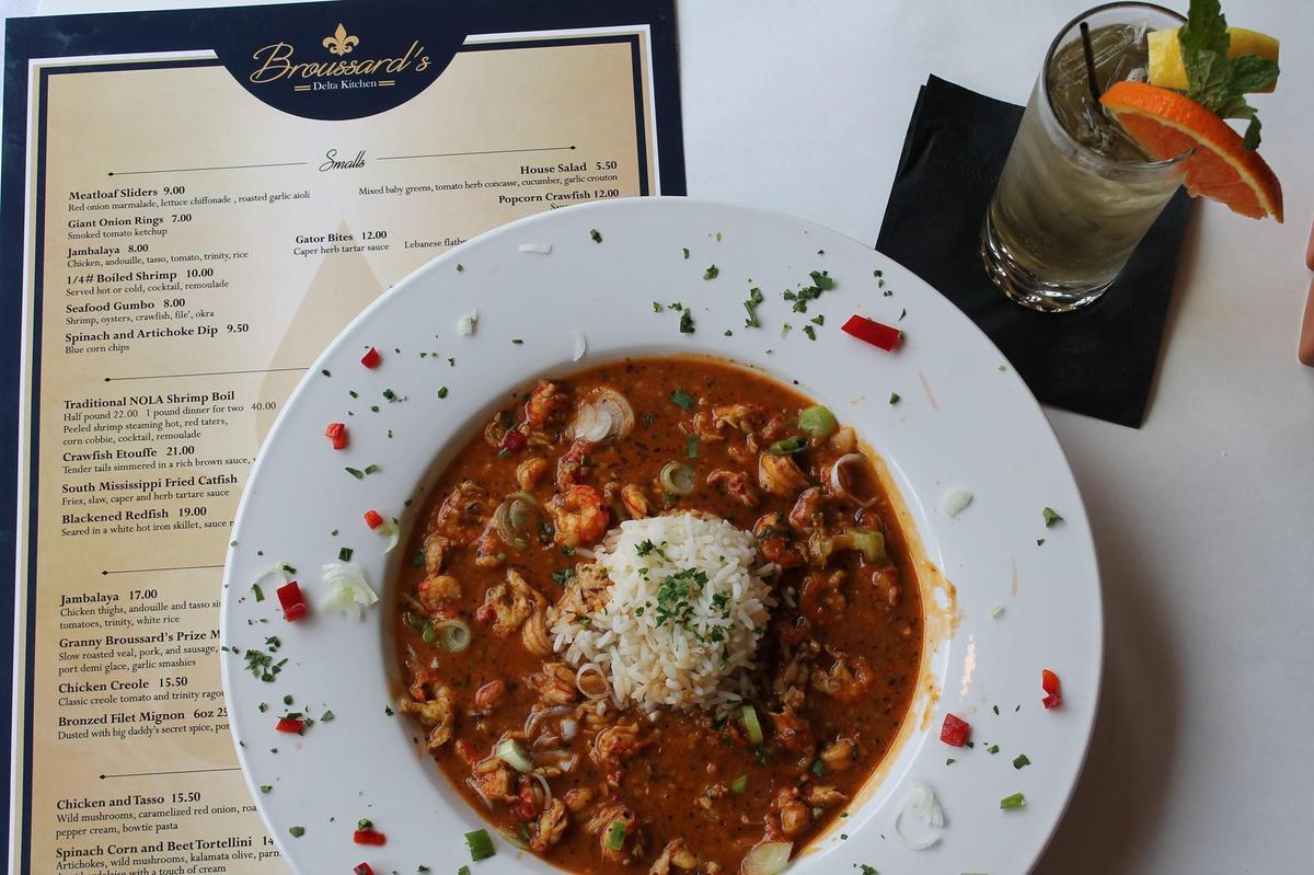 Broussards Delta Kitchen’s Crawfish Etouffee featuring domestic crawfish simmered in a rich seafood stock with a deep dark brown roux.