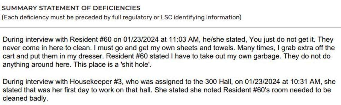 An excerpt from the Jan. 28, 2024, inspection report following a standard survey of Signature Healthcare at Summerfield Rehab & Wellness in Louisville. The previous standard survey was Oct. 5, 2019.