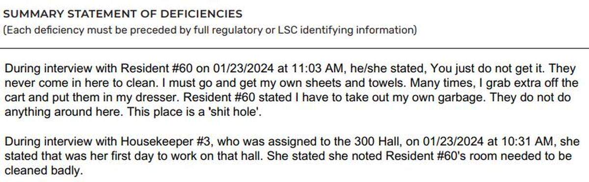 An excerpt from the Jan. 28, 2024, inspection report following a standard survey of Signature Healthcare at Summerfield Rehab & Wellness in Louisville. The previous standard survey was Oct. 5, 2019.