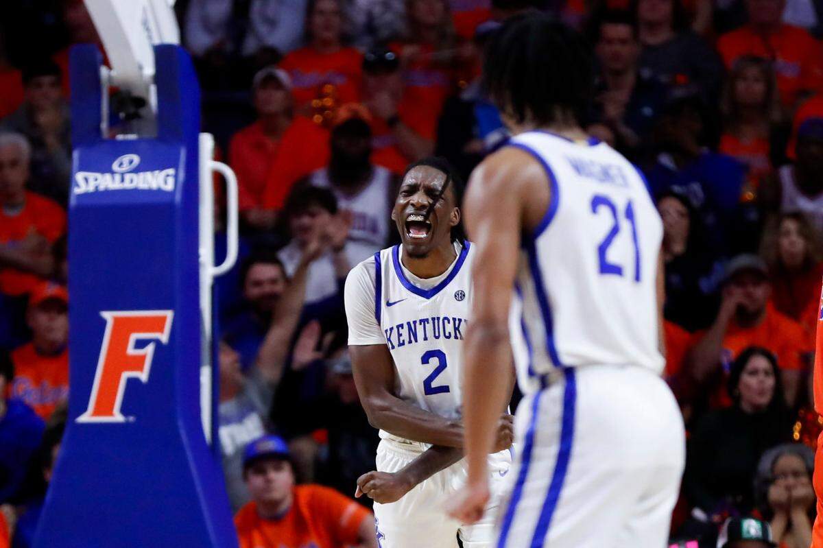 Kentucky forward Aaron Bradshaw (2) celebrates making a defensive stop against Florida during Saturday’s game.