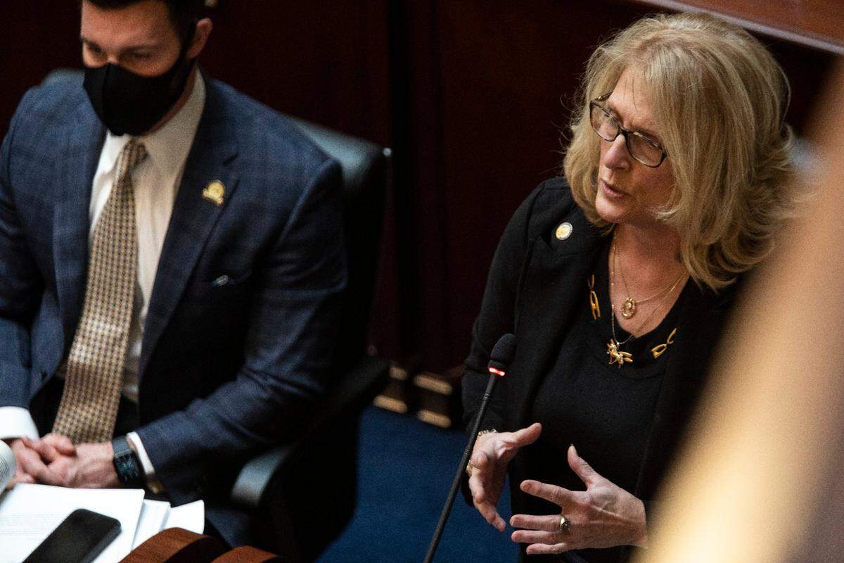 Sen. Robin Webb speaks on the Senate floor during the second to last day of the legislative session at the Capitol in Frankfort, Ky., Monday, March 29, 2021. 