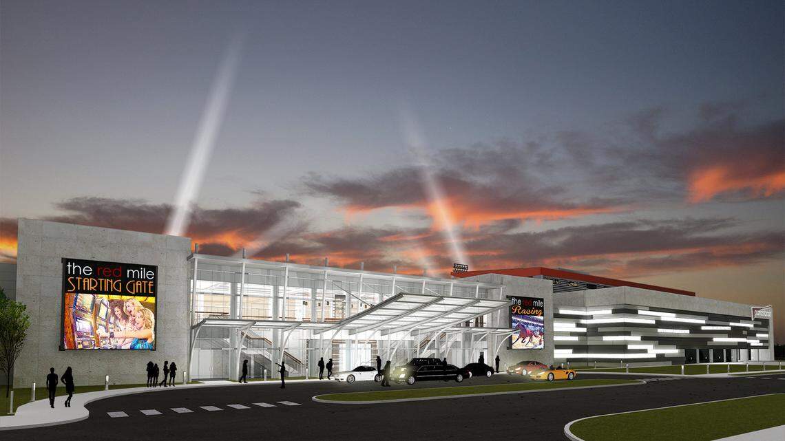 A rendering shows the front of the instant racing parlor proposed to be built at The Red Mile in Lexington.