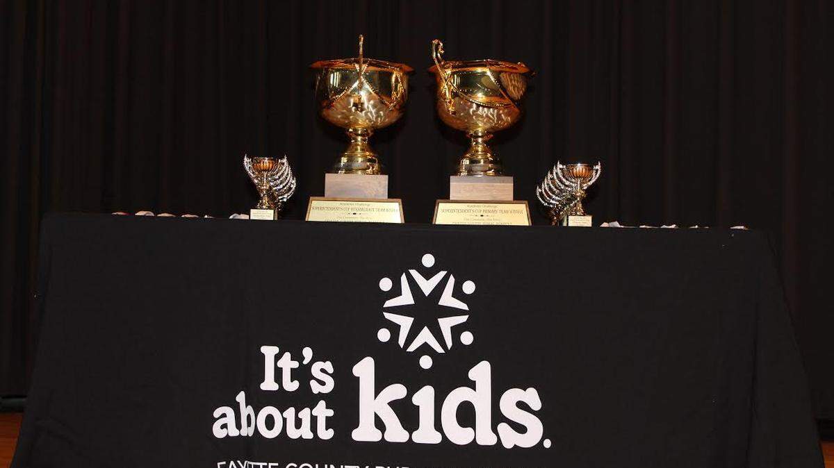 These are trophies from Fayette County Public Schools’ 2019 Superintendent’s Cup academic competition.