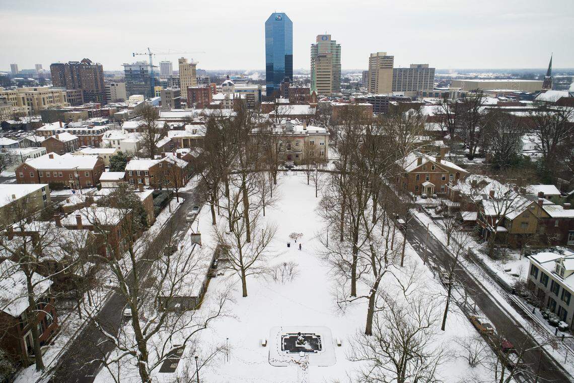 Gratz Park and downtown Lexington covered under an estimated two inches of snow following the year’s first snowfall Saturday, Jan. 12, 2019.