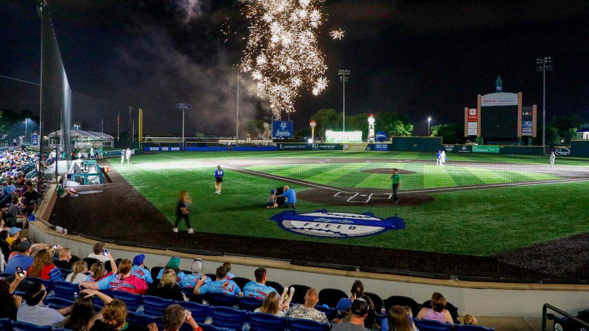 Fireworks light up the night sky after a May 25, 2024 Lexington Legends game at Legends Field in Lexington, Kentucky.