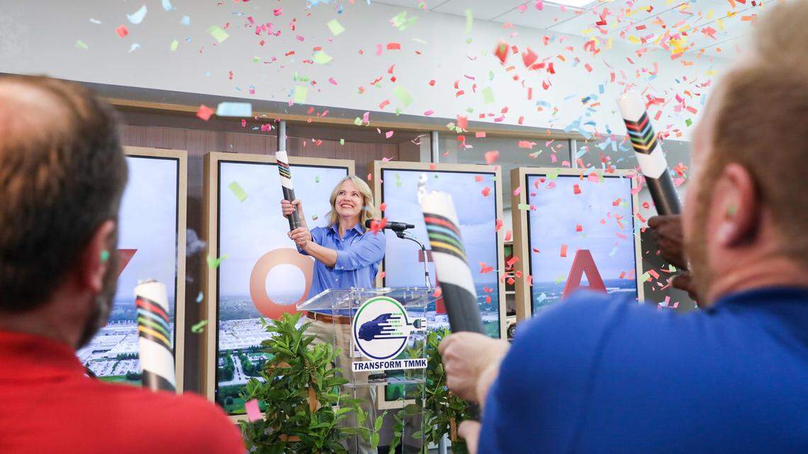 Toyota Kentucky President Susan Elkington celebrates with employees after announcing the facility will assemble Toyota’s first Battery Electric Vehicle in the U.S.