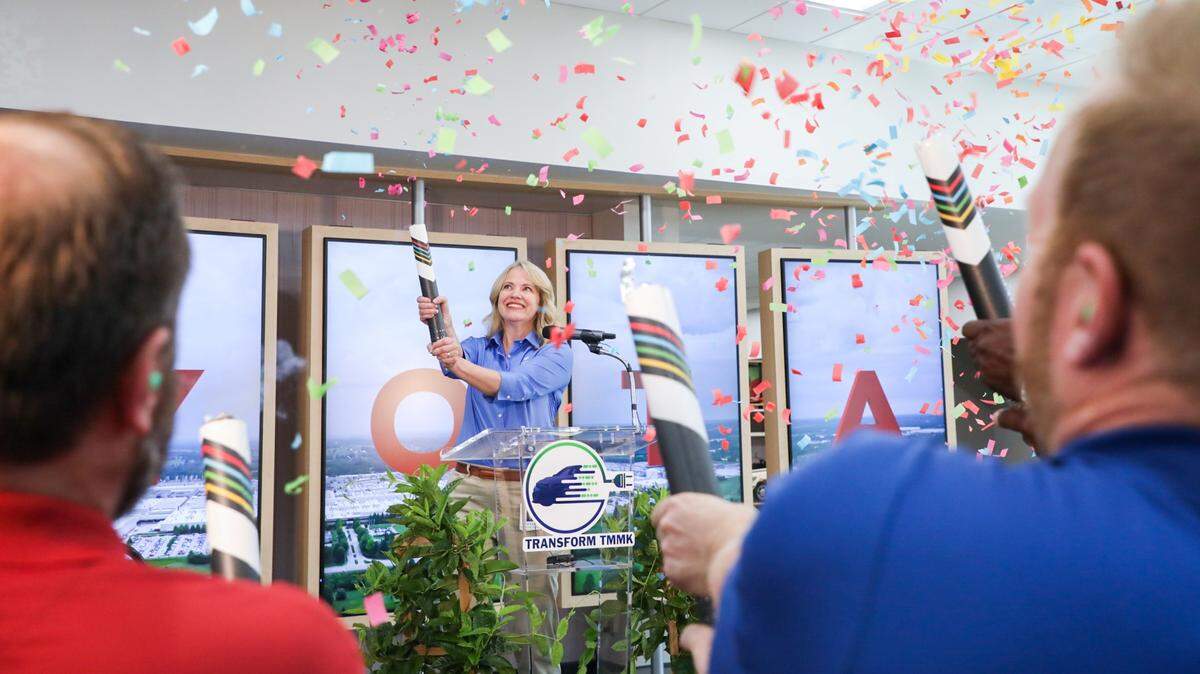 Toyota Kentucky President Susan Elkington celebrates with employees after announcing the facility will assemble Toyota’s first Battery Electric Vehicle in the U.S. in May, 2023.