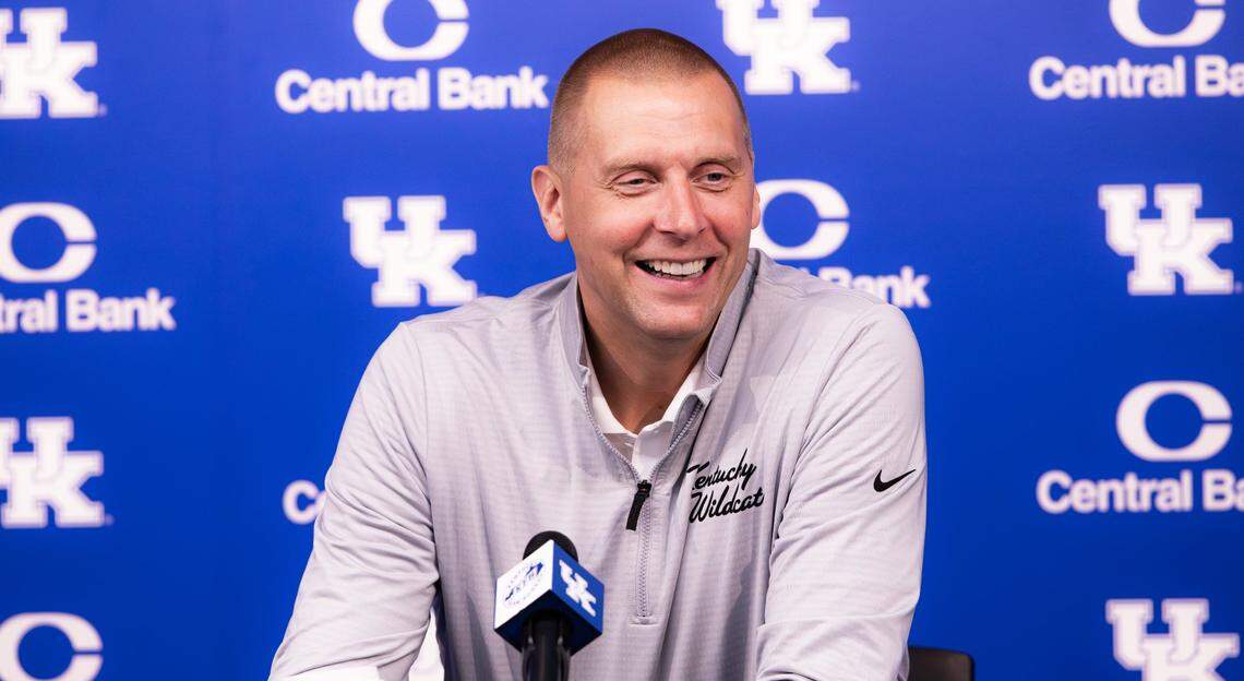 Kentucky coach Mark Pope talks during his press conference in the Memorial Coliseum media room Monday afternoon.