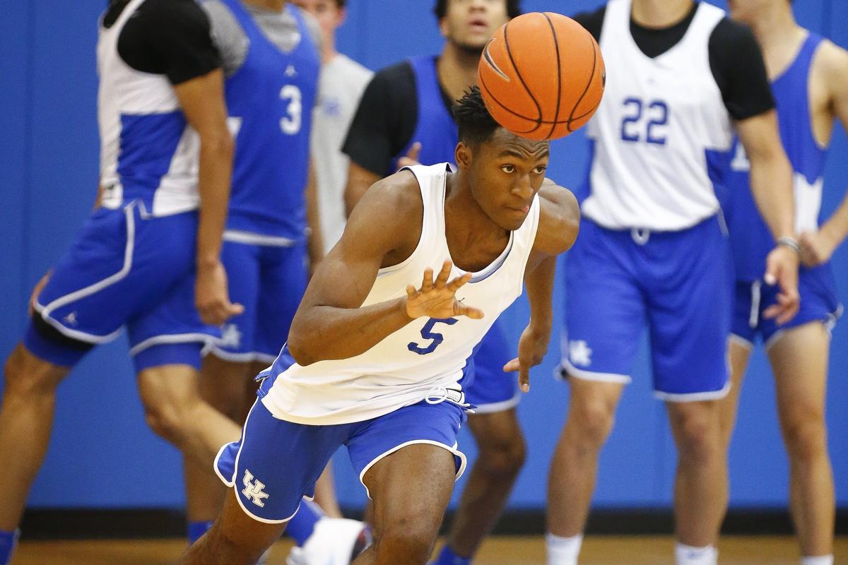 Kentucky freshman point guard Immanuel Quickley (5) embraces working to meet the standard set by prior UK star guards. “I’m in the gym absolutely every single day, before class and then at night,” he says.
