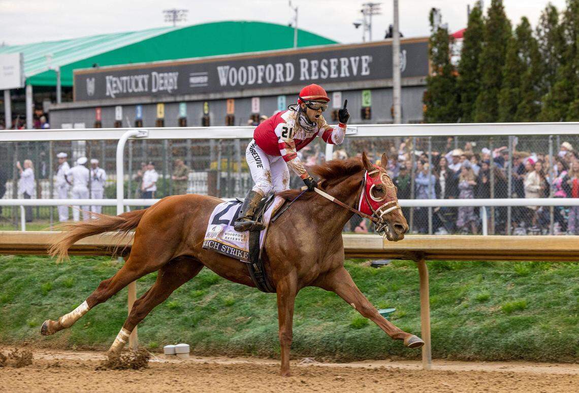 Rich Strike, with Sonny Leon up, gestures after winning the Kentucky Derby at Churchill Downs in Louisville, Ky., on Saturday, May 7, 2022.