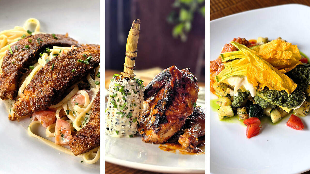 Bella Notte has three new menu items for Summer 2026. From left, Sicilian Salmon (spice seared salmon served over linguine with white wine lemon cream & roma tomatoes), BBQ Chicken Pesca (24-hour brined half chicken and comes with grilled corn, lime aioli, ricotta salata and peach balsamic bbq sauce) and Summer Manicotti (yellow squash, zucchini, white wine cream sauce, sweet red pepper coulis, pesto and squash blossoms).