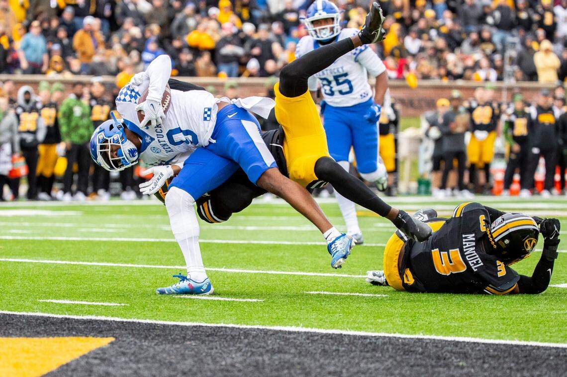 Kentucky wide receiver Tayvion Robinson (9) is stopped just short of the end zone by Missouri defensive back Jaylon Carlies. The Cats scored two plays later on a Will Levis pass to Jordan Dingle.