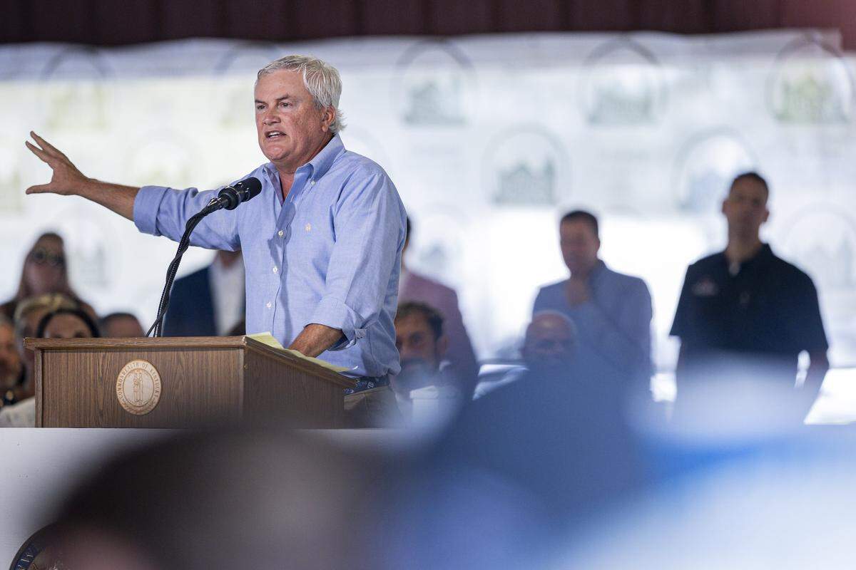 James Comer speaks during Fancy Farm Picnic on Saturday, Aug. 2, 2025, at St. Jerome Church in Fancy Farm, Ky.