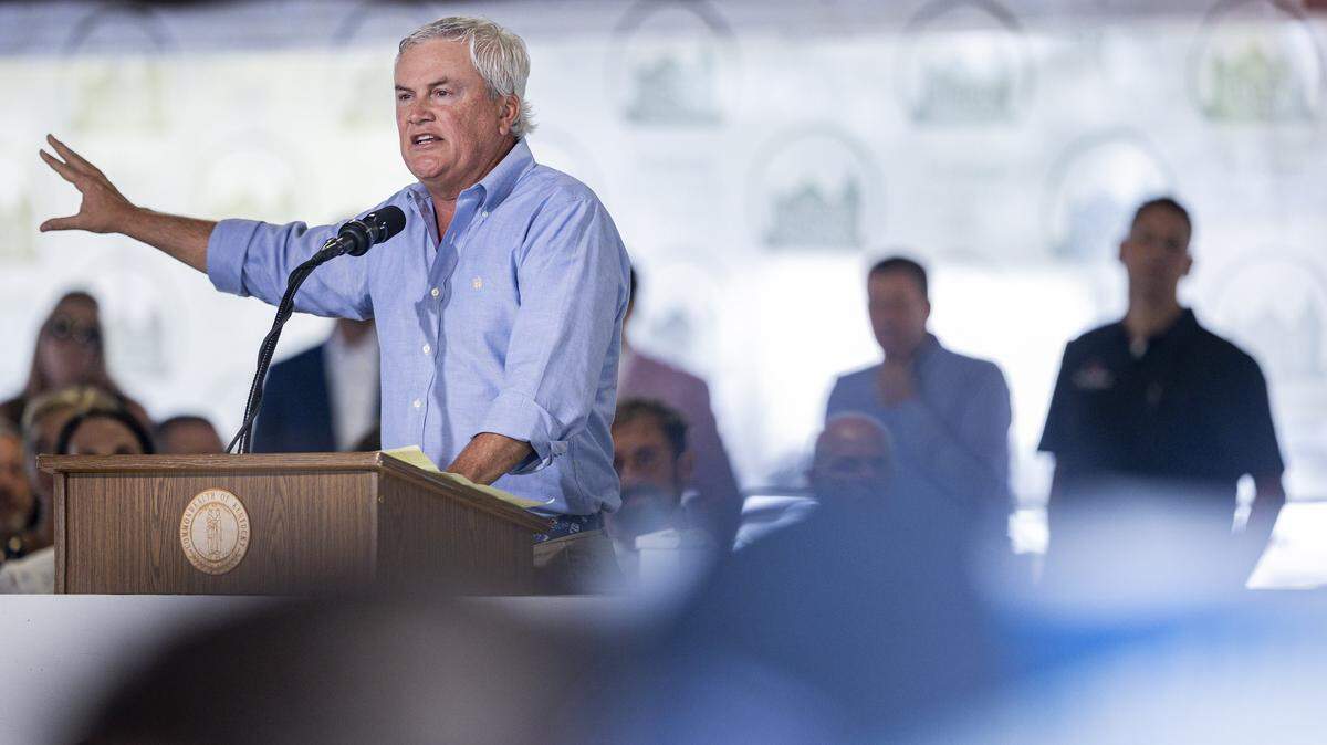James Comer speaks during Fancy Farm Picnic on Saturday, Aug. 2, 2025, at St. Jerome Church in Fancy Farm, Ky.