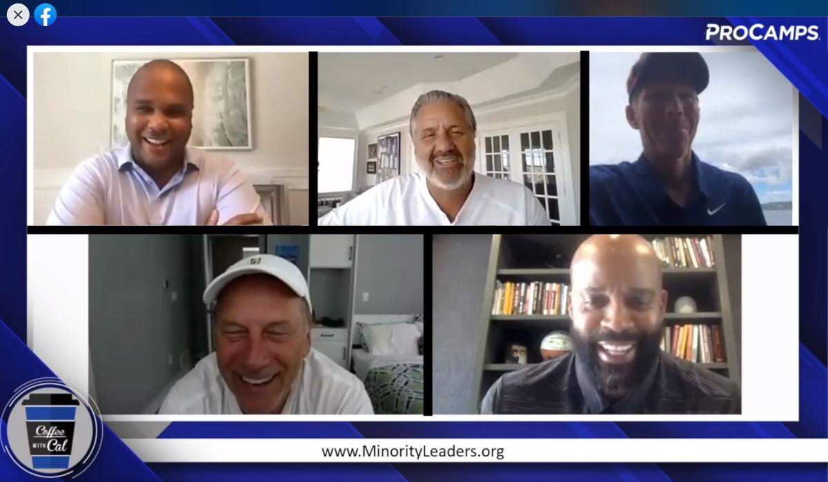John Calipari’s “Coffee with Cal” show on Facebook Live on Monday night included several prominent college basketball coaches. Joining host Jordan Cornette, top left, and Calipari in this frame were Gonzaga’s Mark Few, top right, and bottom row, from left, Michigan State’s Tom Izzo and Missouri’s Cuonzo Martin. The group discussed Calipari’s Minority Leadership Initiative, among other topics.