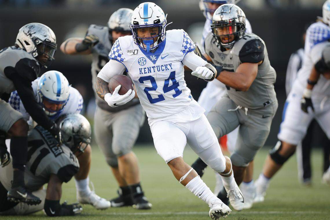Kentucky redshirt freshman running back Christopher Rodriguez (24) ran for a career-high 129 yards and two touchdowns in UK’s 38-14 pasting of Vanderbilt last week.