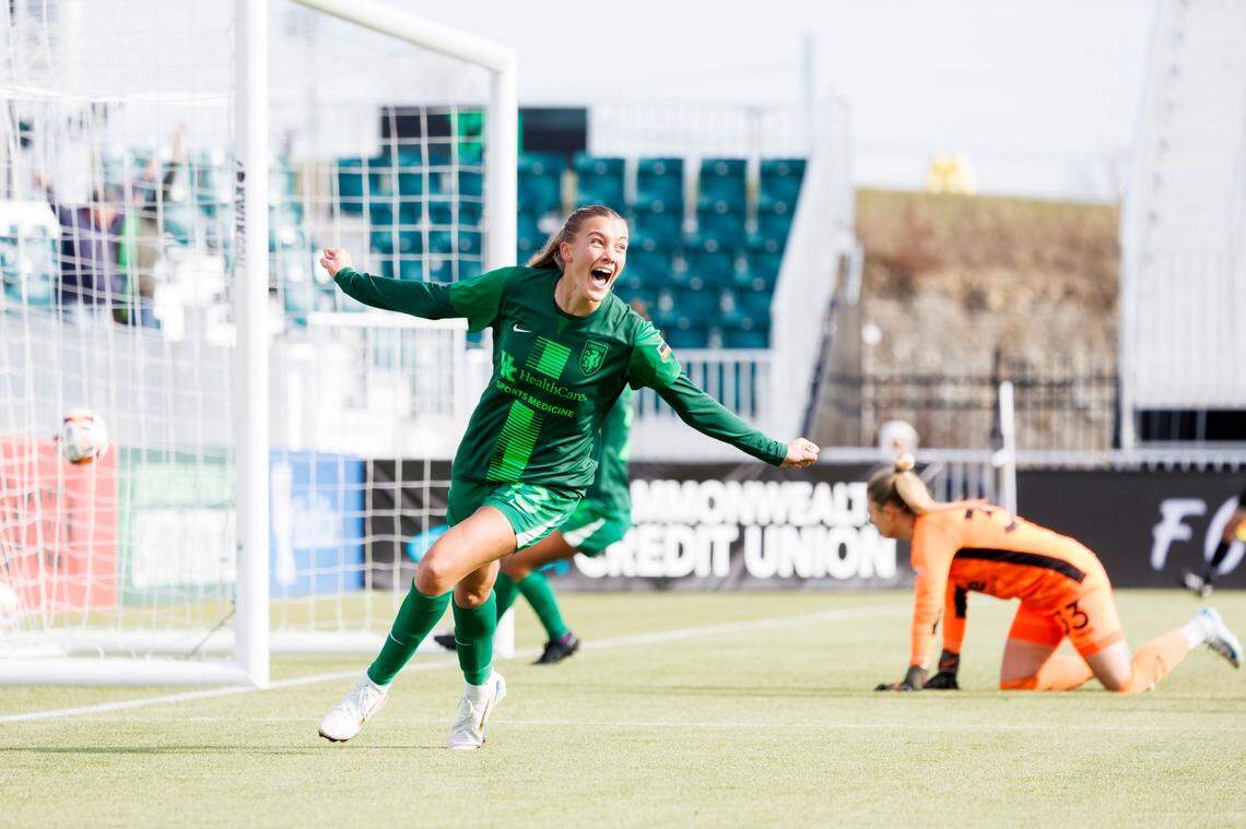 Lexington Sporting Club forward Hannah Richardson celebrates scoring a goal against DC Power FC during a USL Super League match on Dec. 14 at the Lexington SC Stadium in Lexington. Richardson’s goals gave LSC its first win in Super League play.