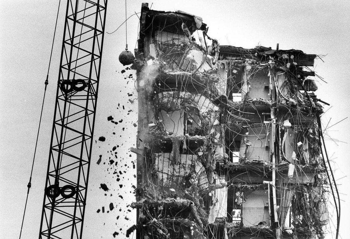 The wrecking ball continued to bring down the Phoenix Hotel in February 1982 in Lexington, Ky. The Phoenix was demolished in 1981 and 1982 by Wallace Wilkinson, who planned to use the site to construct the World Coal Center skyscraper. It was never built and the site eventually became the Park Plaza Apartments and Phoenix Park.