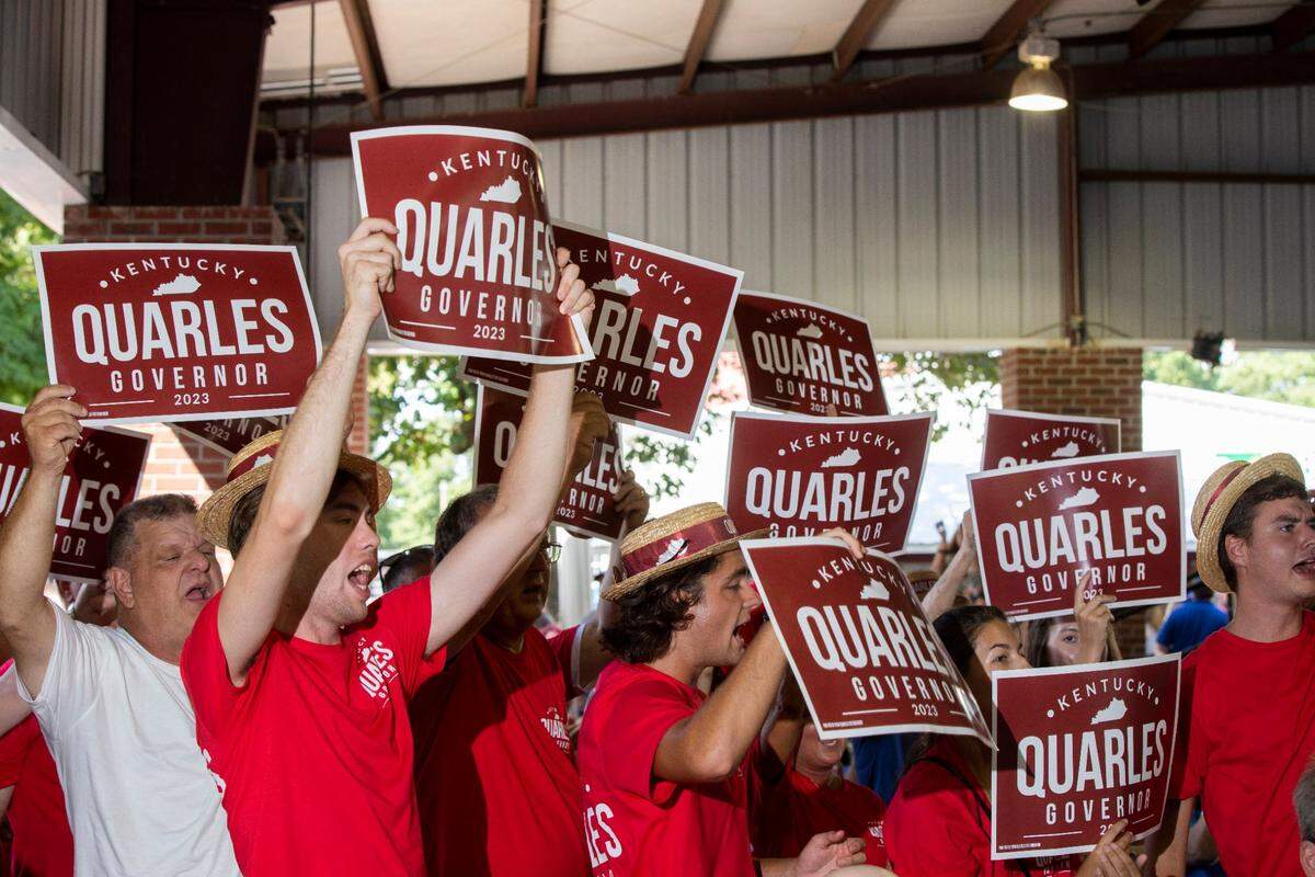 The crowds cheer, boo and jeer as candidates deliver their speeches during the 142nd annual St. Jeromes Fancy Farm Picnic in Fancy Farm, Ky., Saturday, August 6, 2022.