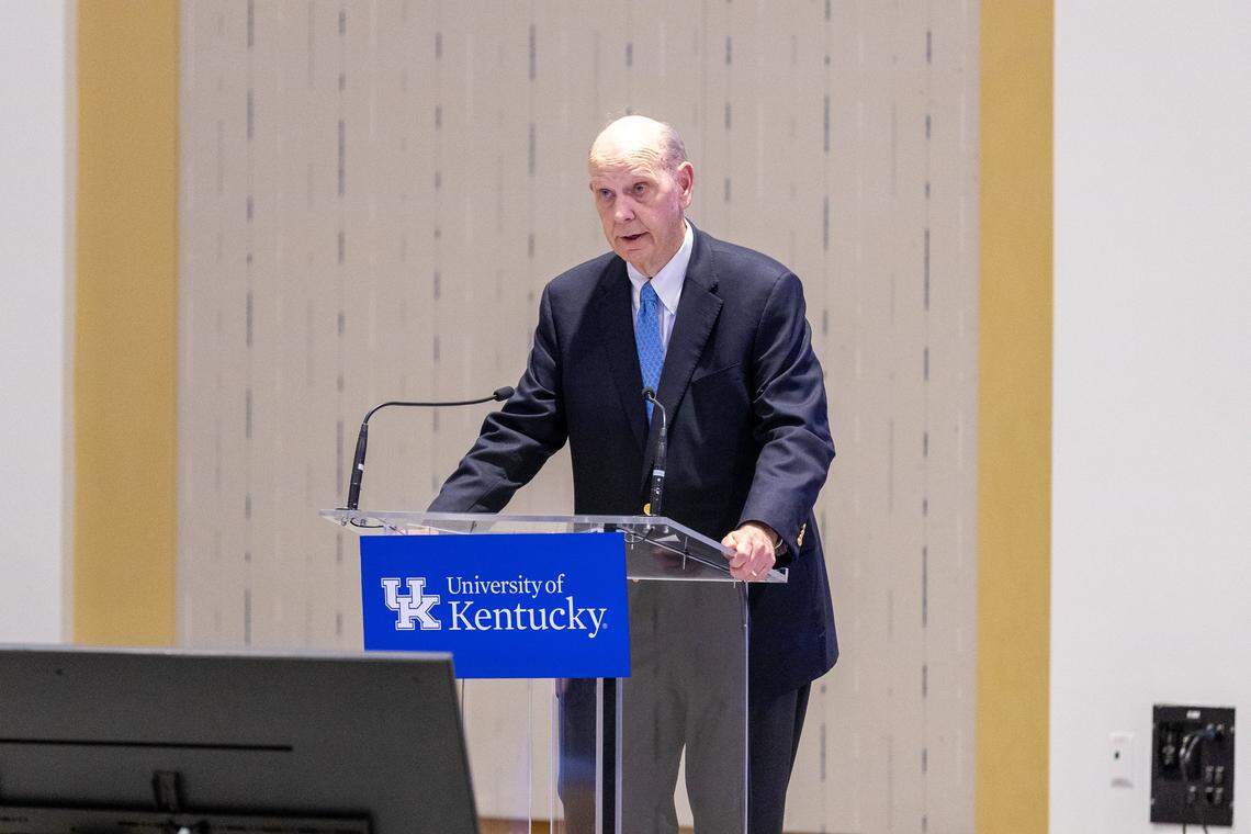 Charles “Buzz” English, chair of the J. David Rosenberg College of Law Visiting Committee, spoke in defense of the appointment of federal judge Gregory Van Tatenhove to the dean position of the college during a UK board of trustees meeting in the Gatton Student Center's Harris Ballroom. April 24, 2026.