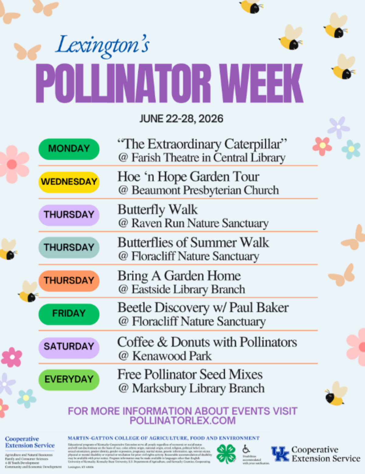 Join Lexington’s Pollinator Week June 22–28, 2026: plant purple coneflowers, attend local events, and support bees, butterflies and birds across the city.
