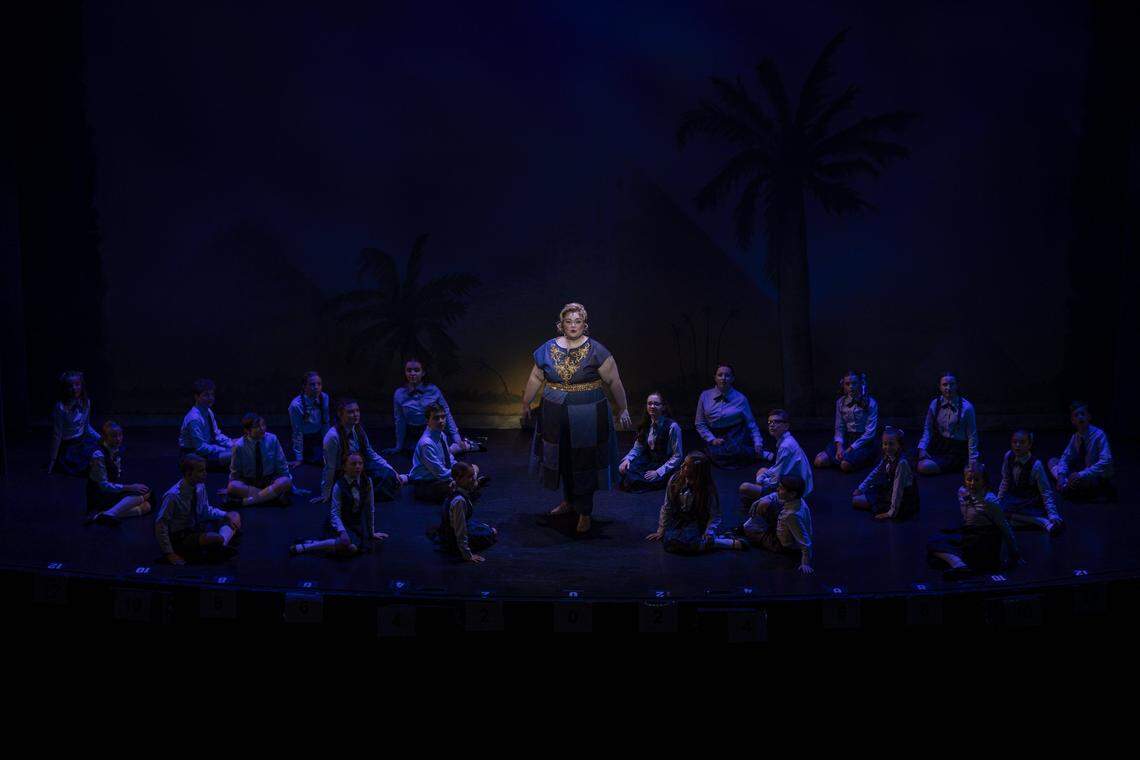 Audrey Belle Adams, center, sings during a rehearsal of Joseph and The Amazing Technicolor Dreamcoat Monday, July 28, 2025, at the Lexington Opera House in Lexington, Ky.