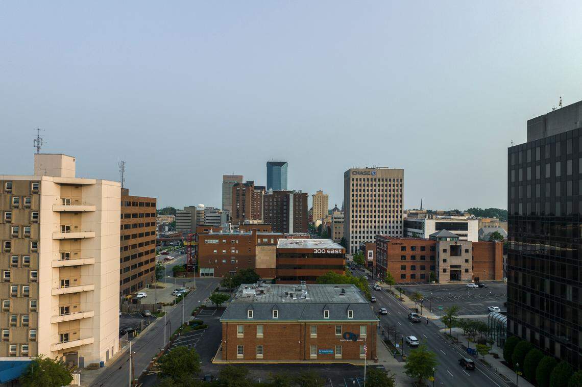 Vehicles drive along Main Street in downtown Lexington, Ky., on Thursday, June 15, 2023.