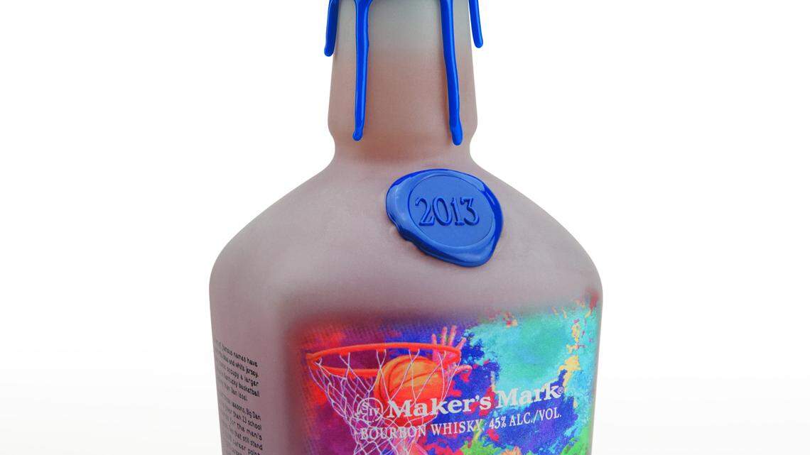 The 17 commemorative Maker's Mark bottles made over the years are on display in the clubhouse at Keeneland.  