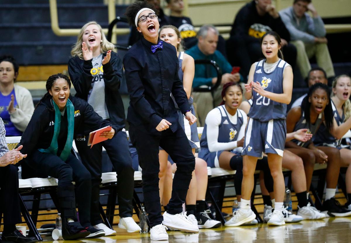 Woodford County assistant coach Makayla Epps celebrated a play during a recent game. Epps won a state championship as a player at Marion County before becoming an All-Southeastern Conference standout at Kentucky.