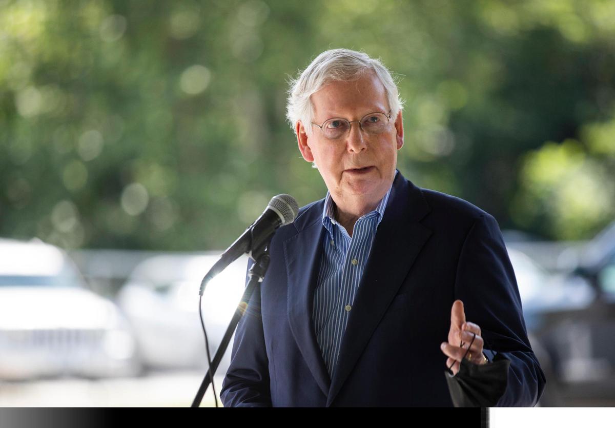 Sen. Mitch McConnell speaks during a visit to the Freedom House to celebrate the Volunteers of America receiving a $2.6 million grant from SAMHSA to assist with recovery treatment for pregnant women and mothers in Manchester, Ky., Tuesday, August 18, 2020.