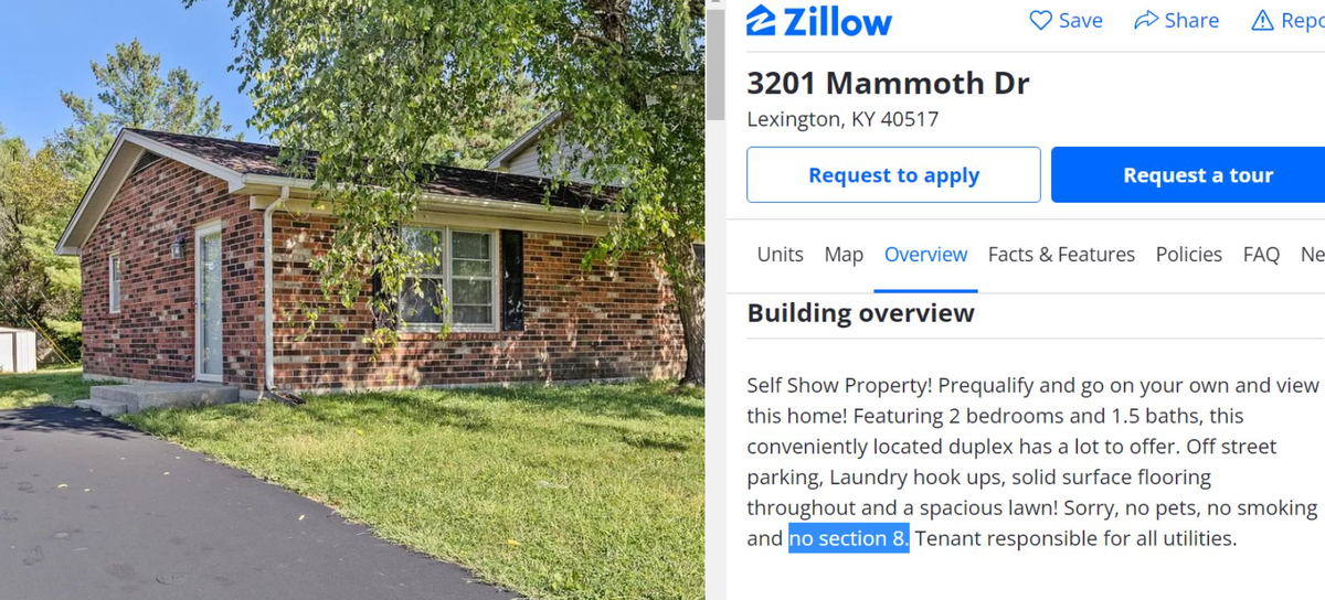 Ads for rental housing in Lexington often feature the disclaimer “No Section 8,” referring to housing vouchers.